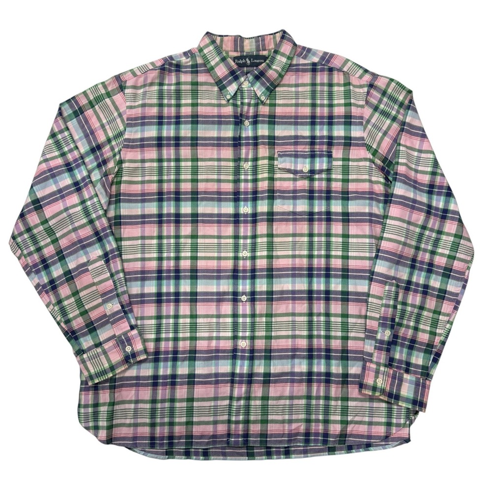 Ralph Lauren Plaid Button Down Shirt Mens XXL Pink Green Blue Long Sleeve Cotton